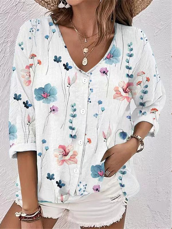 Damen Bluse mit floralem Druck und modernem Knopfdesign WW