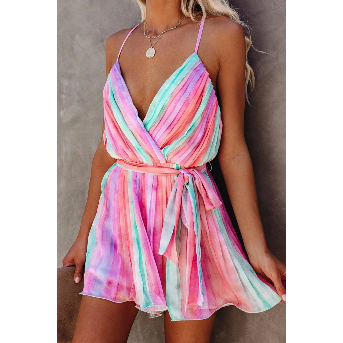 WW | Frühling Sommer Träger Plissiertes Chiffon Kleid Zuhause Schnürung Sexy V-Ausschnitt Chiffon Kleid