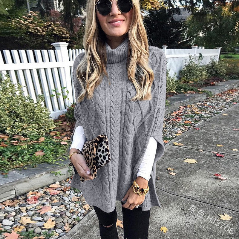 Damen Strickponcho mit hohem Kragen und dekorativem Zopfmuster WW