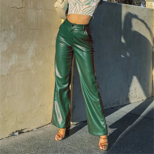 Damen Modische Kunstlederhose mit weitem Bein und eleganter Passform WW