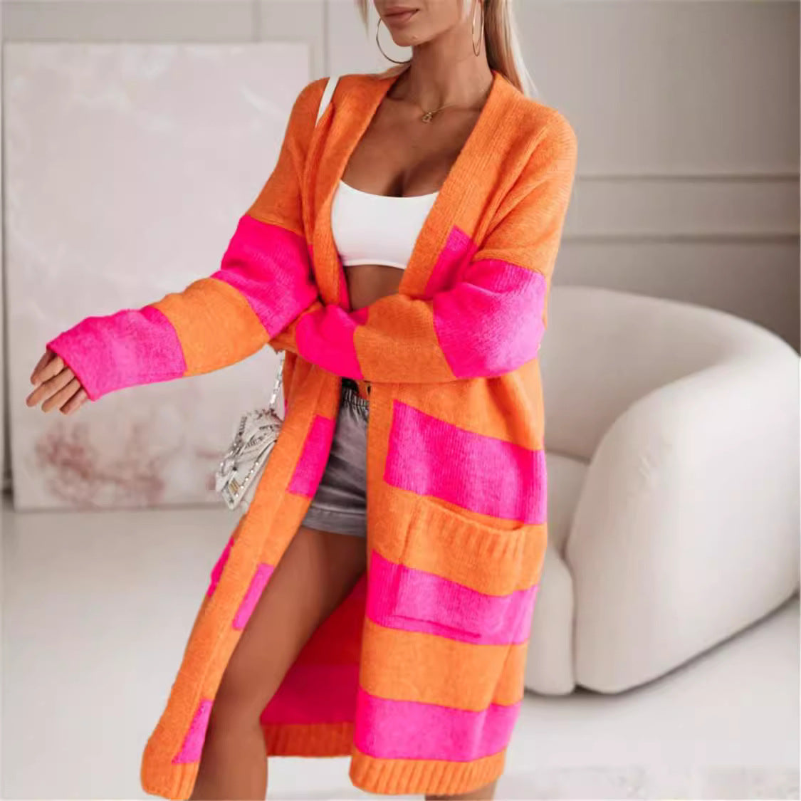 WW | Damen Stilvolle Strickjacke Mit Dicke Streifen