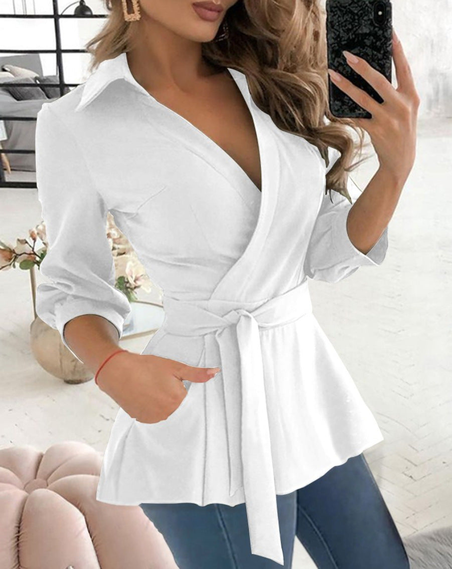 WW | Belt Snug Fit V-Neck Long Sleeve Collar