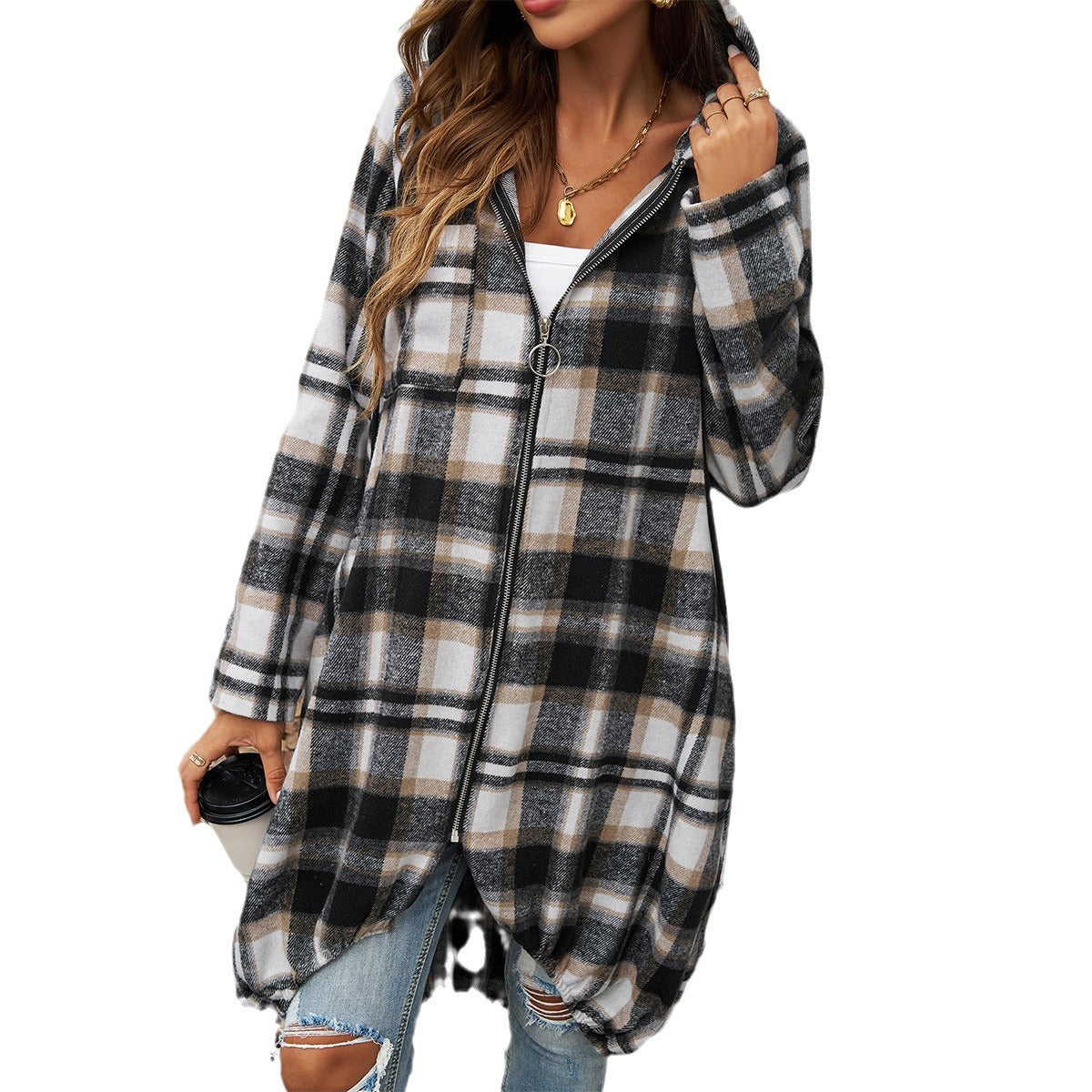 Women's Plaid Long Jacket with Hood and Pockets WW