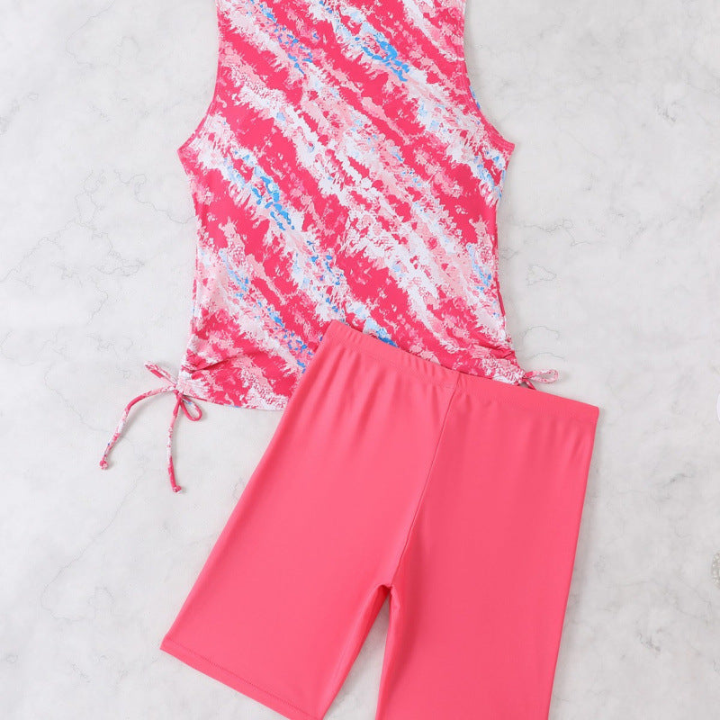Damen Sportliches Tankini-Set mit modischem Wasserfarbmuster und bequemen Shorts WW