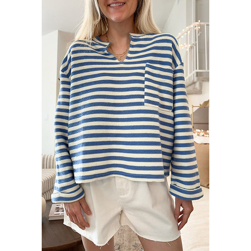 Damen gestreiftes Sweatshirt mit V-Ausschnitt und Brusttasche WW
