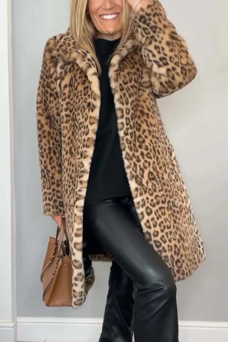 WW | Mantel Faux Fur Übergröße Passform Tierdruck Offene Vorderseite Reverskragen