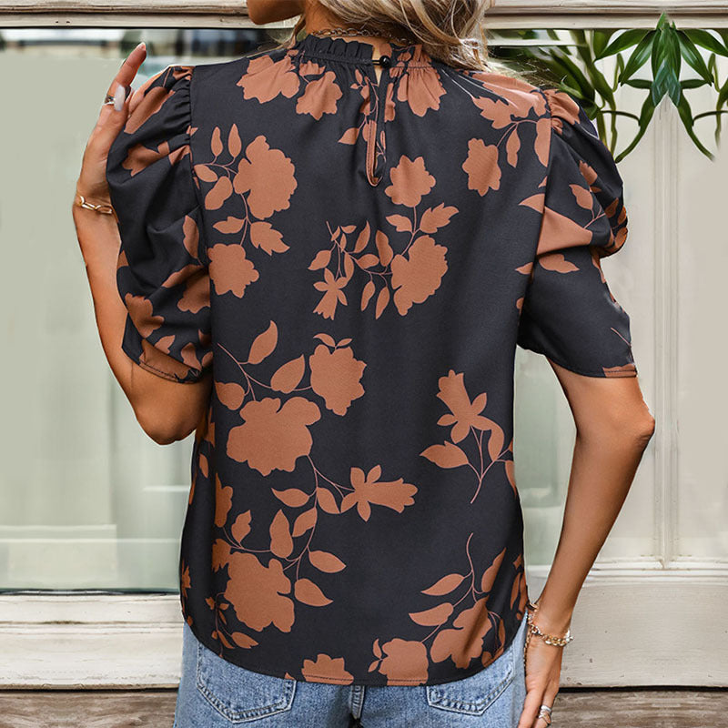Women's Blouse with Puff Sleeves and Floral Pattern WW