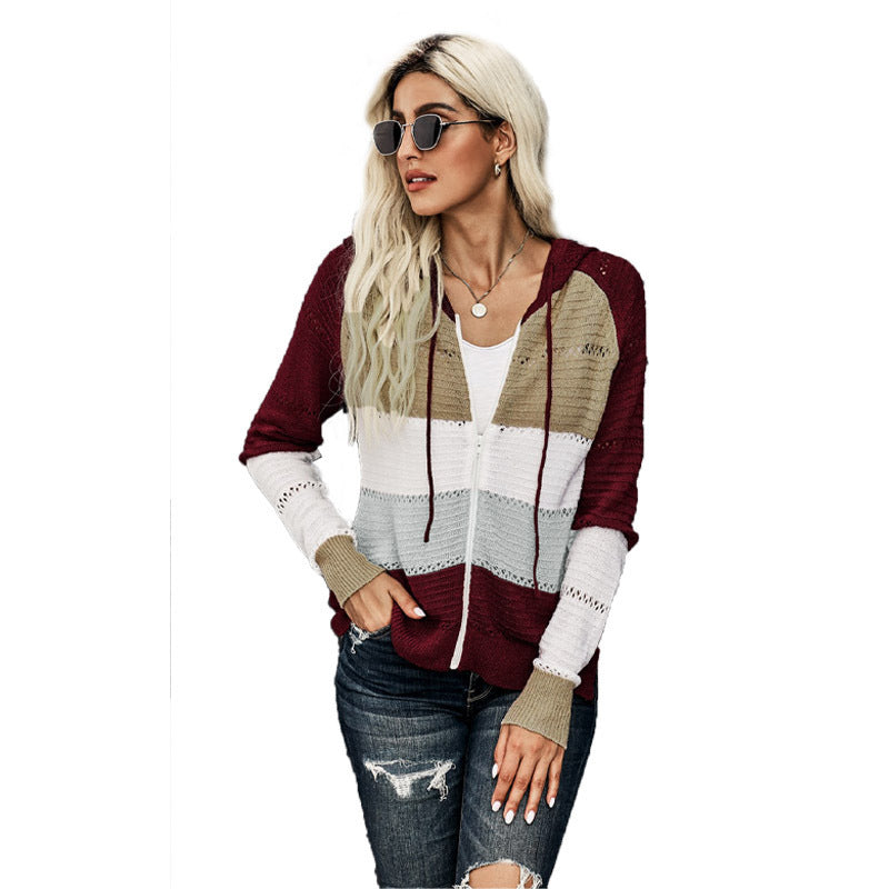 Women's Casual Knitted Cardigan with Hood and Decorative Openwork Pattern WW