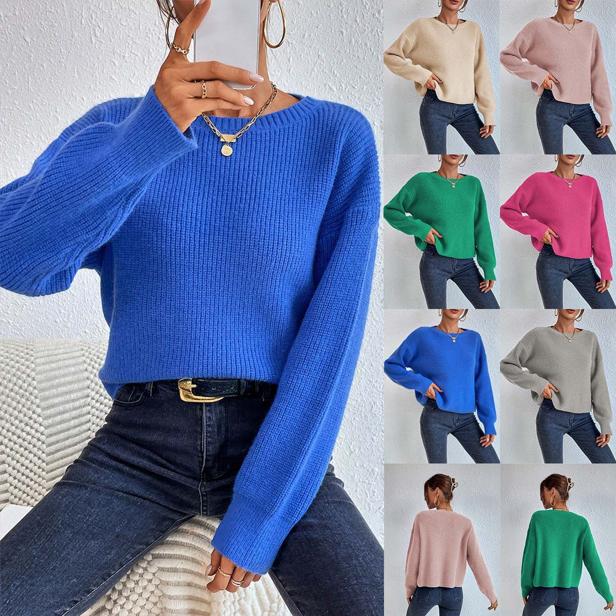 Women's Casual Loose Fit Knit Sweater with Elegant Rib Details WW