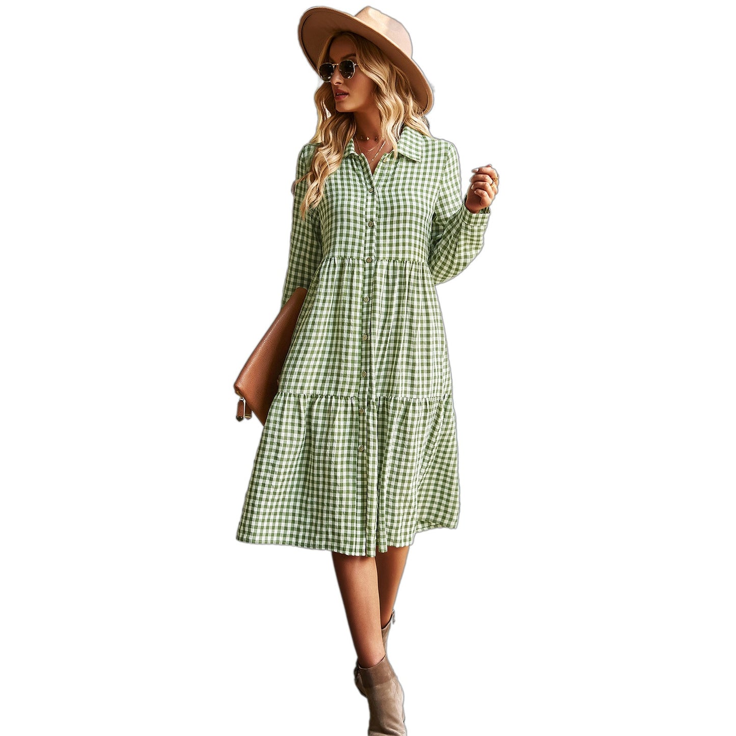 Damen karierte Midi-Bluse mit Knopfleiste und ausgestelltem Rock WW