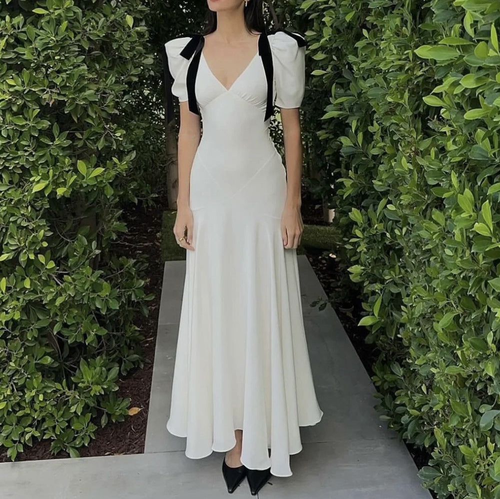 WW | Sanfte Weiß Tiefer V Schleifen Puffärmel Schlankes Kleid