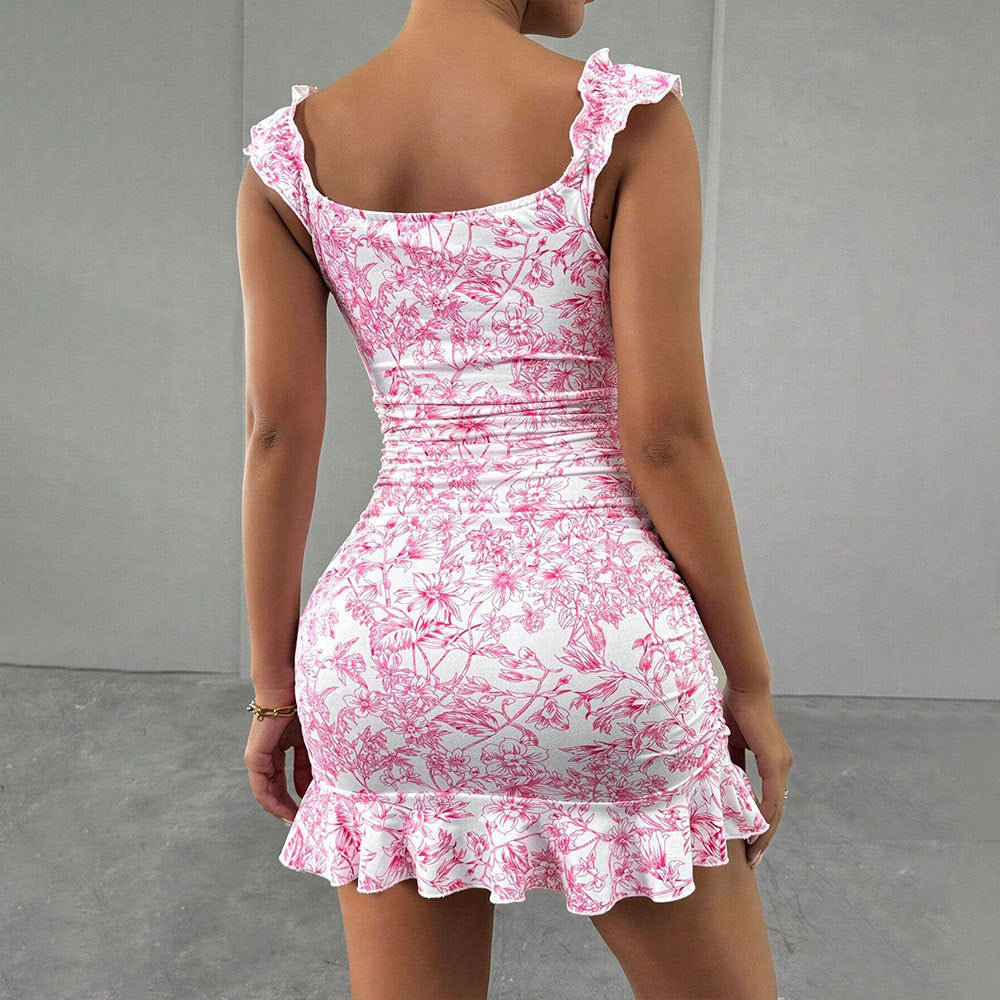 Damen figurbetontes Minikleid mit raffiniertem Blumenmuster und elastischem Rüschensaum W&W