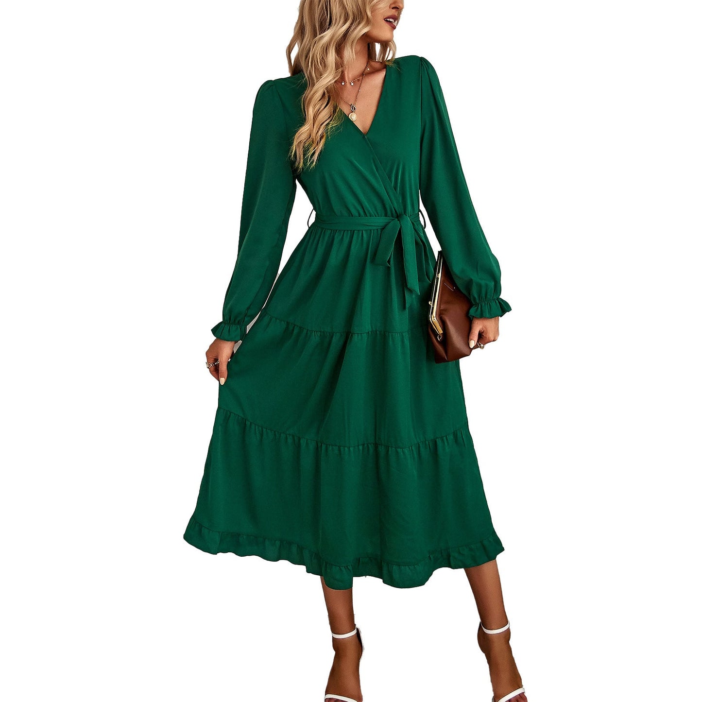 Damen Wickelkleid mit Rüschen und Taillengürtel WW