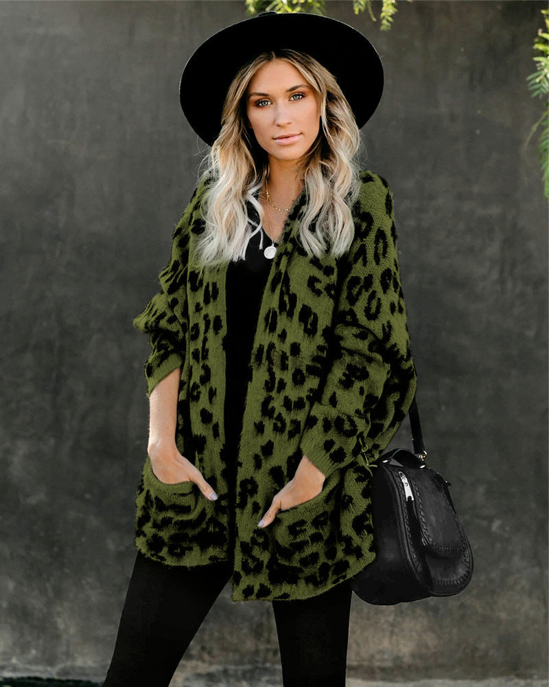 Damen lässiger Strickmantel im Leopardenmuster mit bequemem Schnitt und Taschen WW