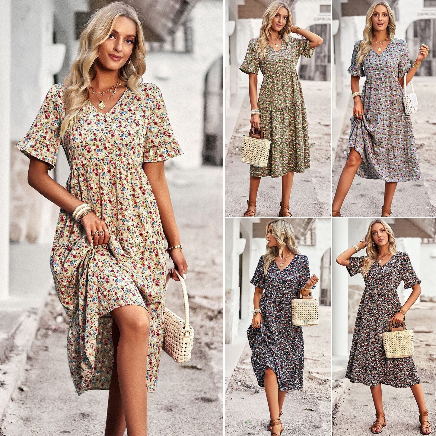 Damen Midi-Kleid mit floralem Muster und verspieltem V-Ausschnitt WW