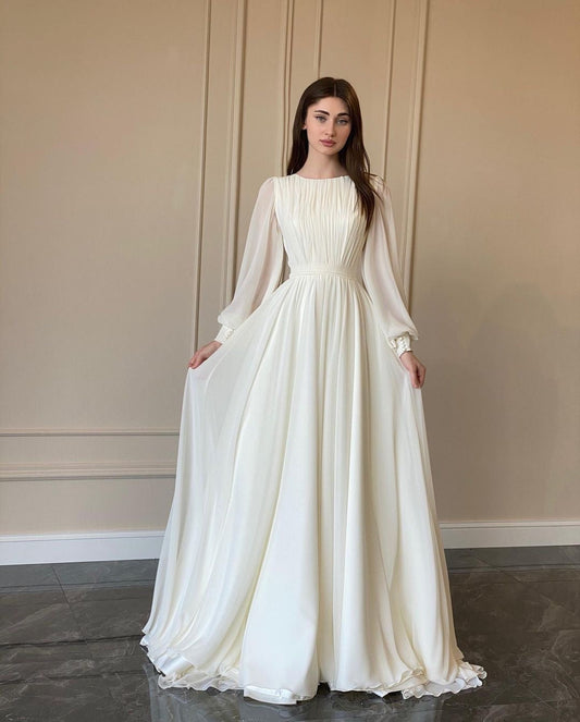 WW | Durchsichtiges Weißes Hochzeitskleid Rundhalsausschnitt Lange Ärmel Kleid