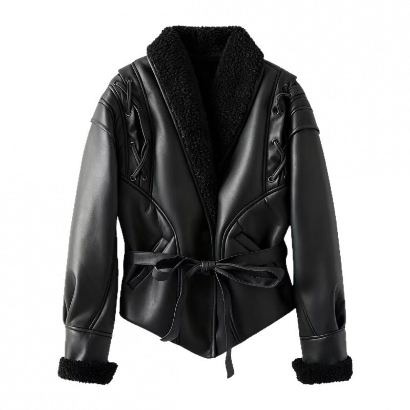 WW | Damen Fake Lederjacke mit Teddy Futter
