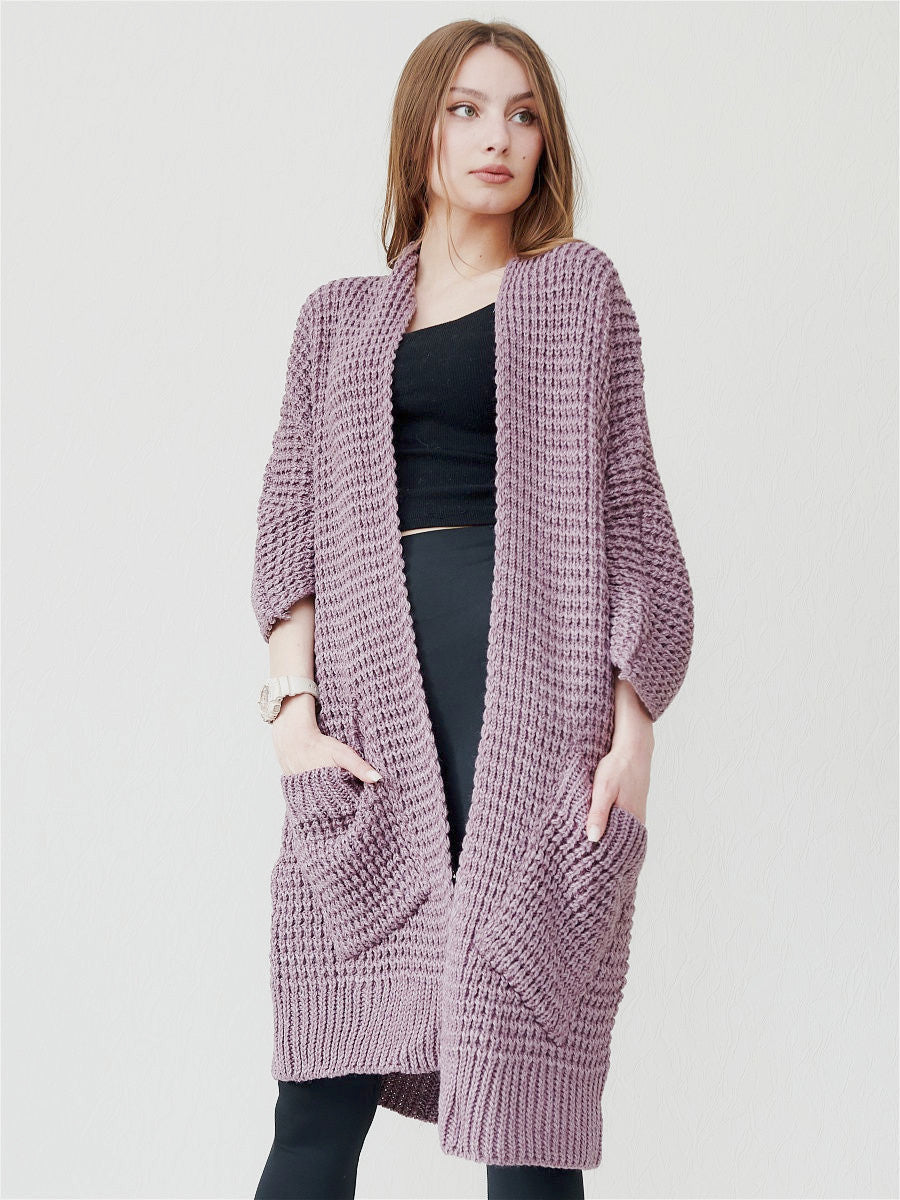 WW | Cardigan Oversized Fit Open Front Ribbed Edges Welt Pockets