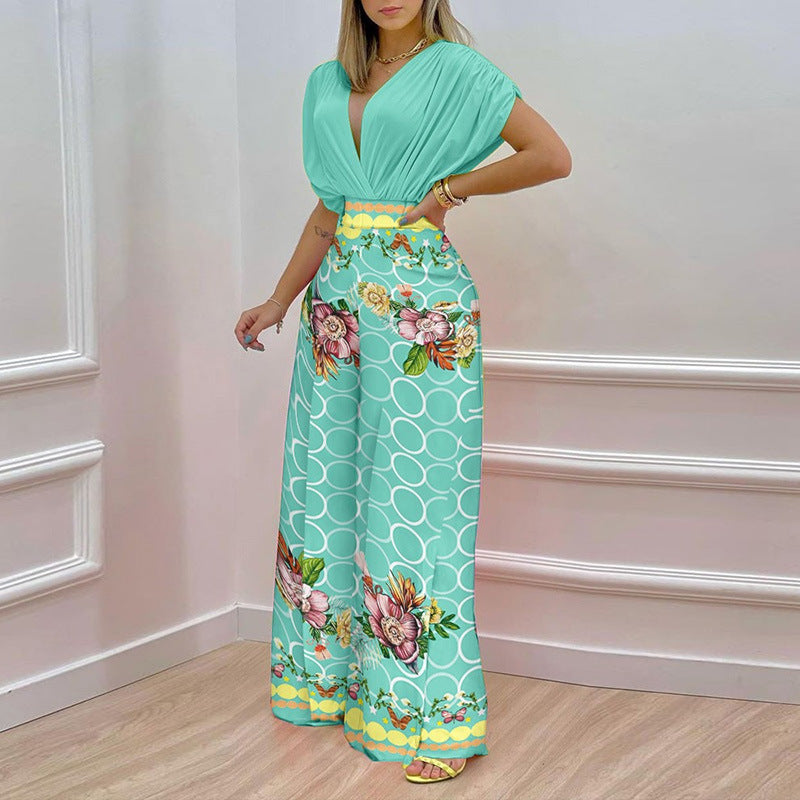 Women's Jumpsuit with Deep V-Neck and Wide Leg WW