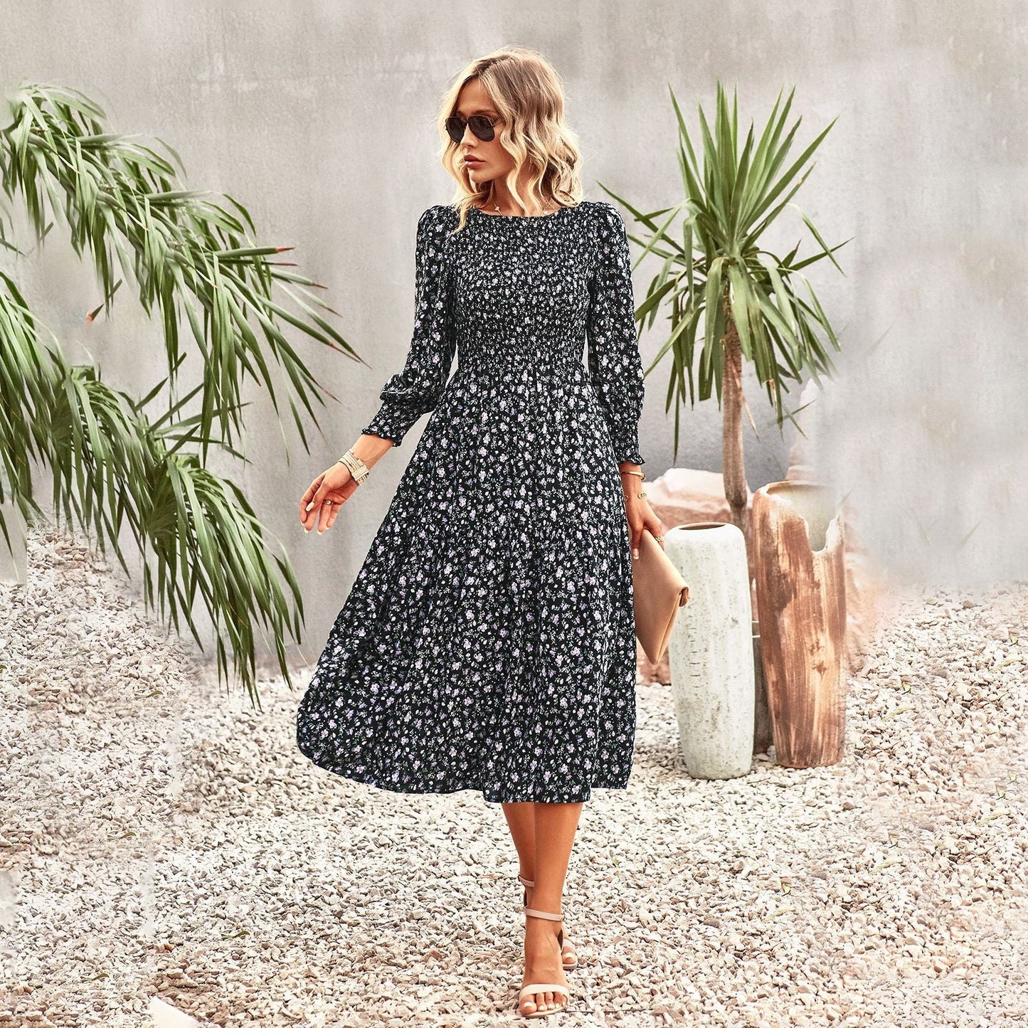 Damen florales Midi-Kleid mit geraffter Taille und langen Ärmeln WW