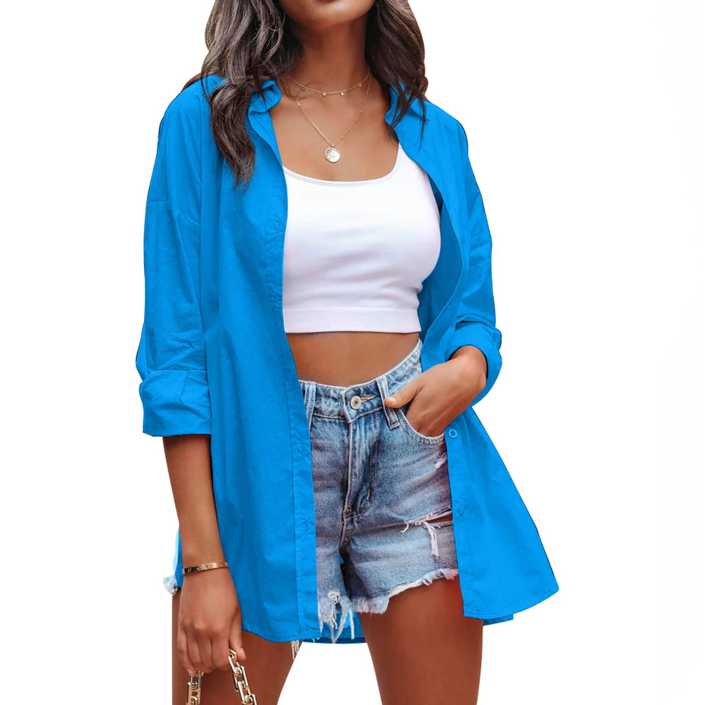 Women's Casual Linen Blouse with Long Sleeves and Button Placket WW