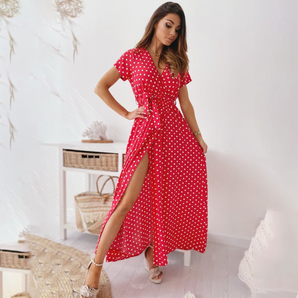 WW | Printed Polka Dot Band Waist Maxi Dress