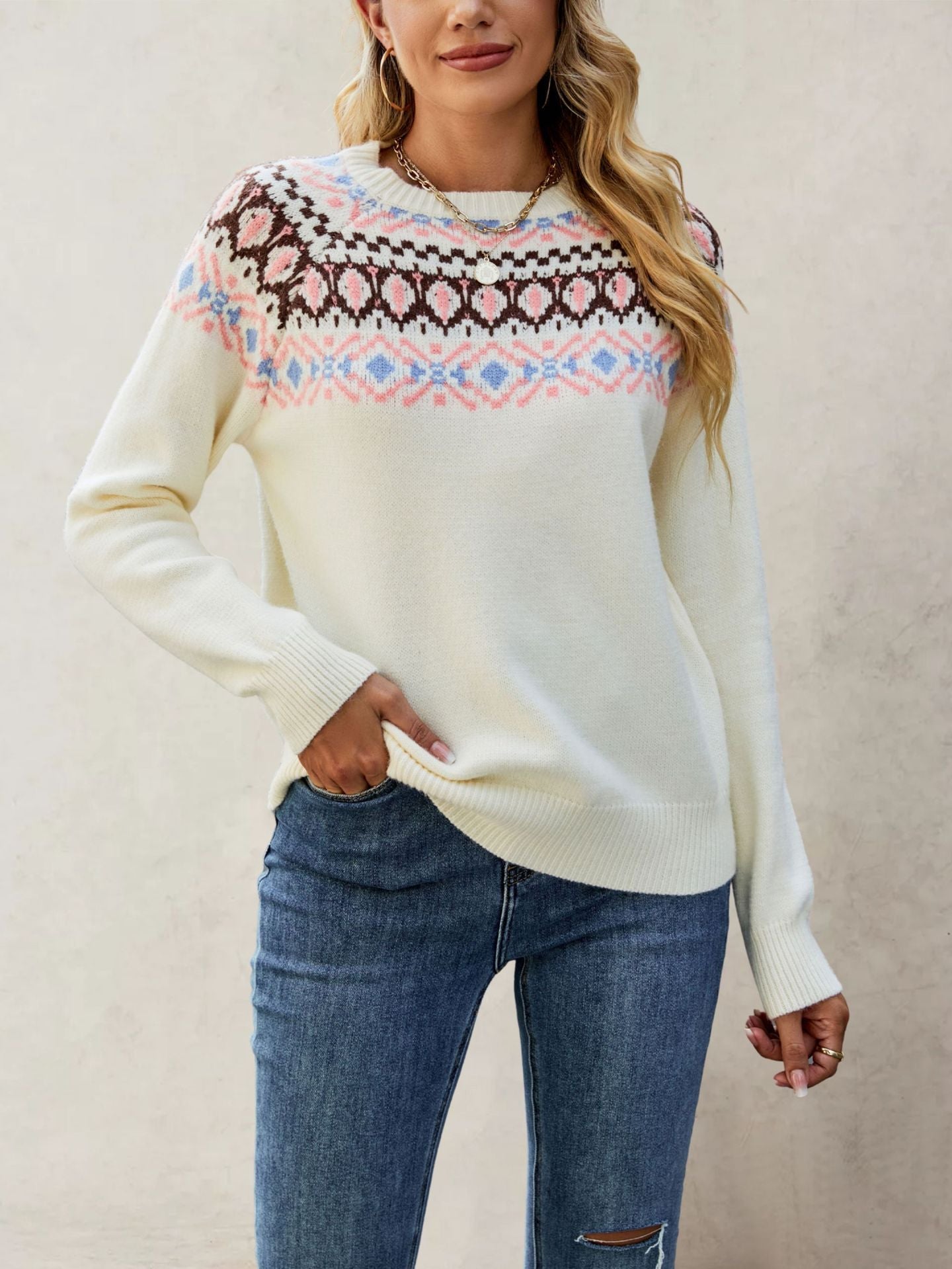 Women's Nordic Pattern Jumper with Round Neck and Casual Cut WW