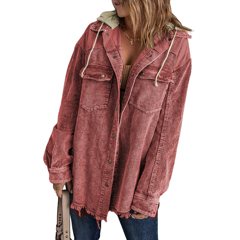 WW | Women's Hooded Jacket – Corduroy – Oversized Fit – Button Fastening – Frayed Hem Casual