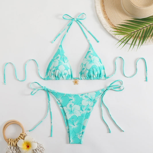WW | Women's Triangle Bikini Set with Playful Floral Print and Tie Straps