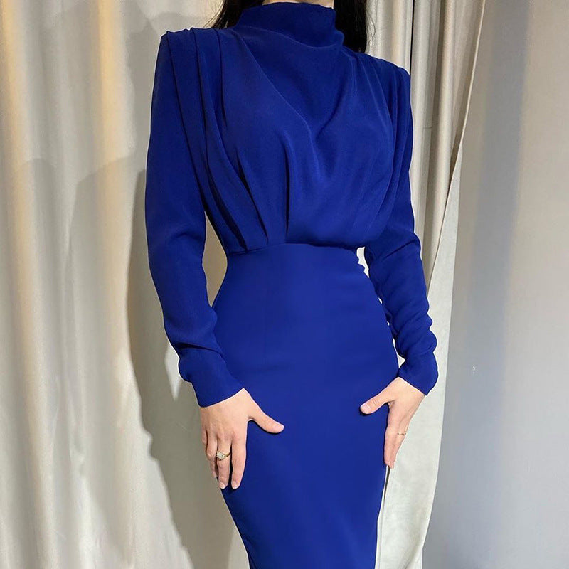 Damen elegantes Midi-Kleid mit hochgeschlossenem Design und Drapierungen WW