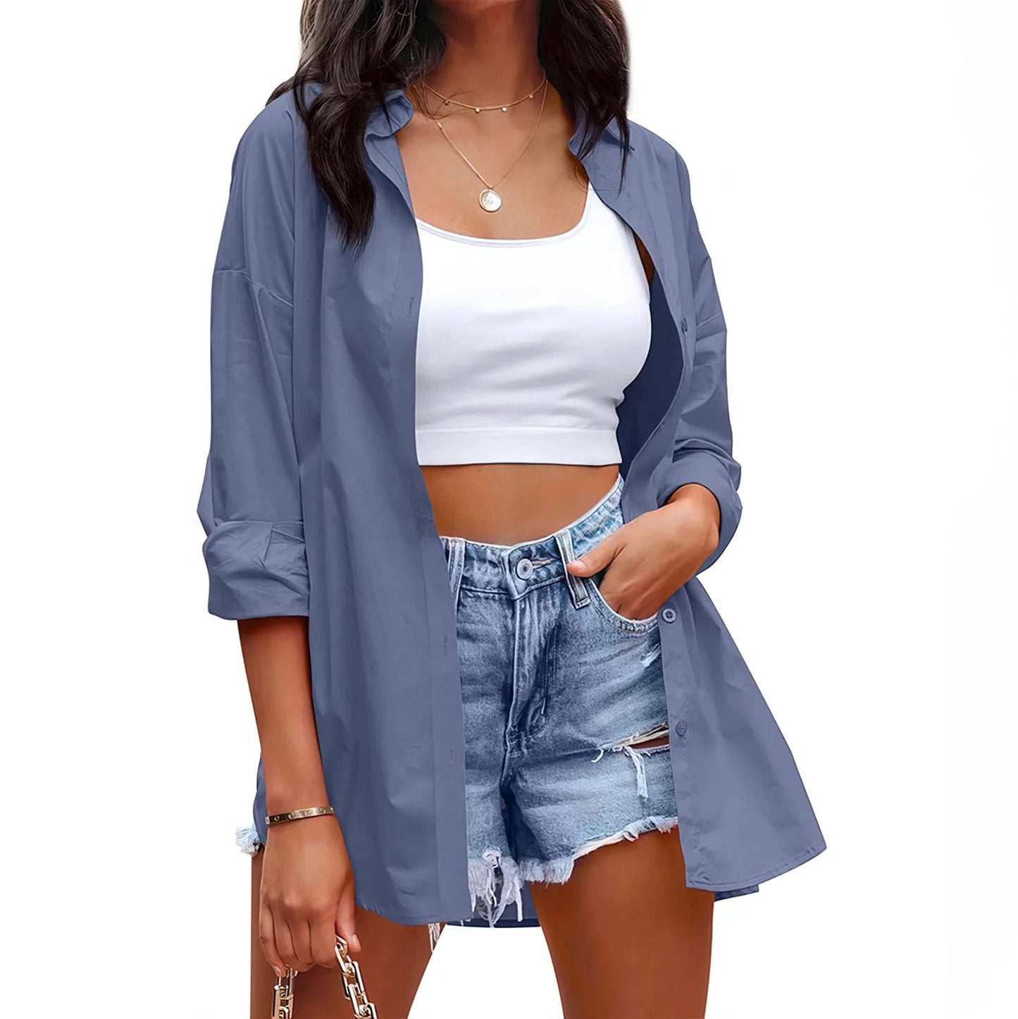 Women's Casual Linen Blouse with Long Sleeves and Button Placket WW