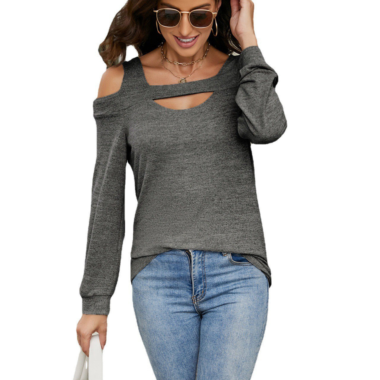 Damen lässiges Cold-Shoulder Sweatshirt mit tiefem Ausschnitt und Ballonärmeln WW