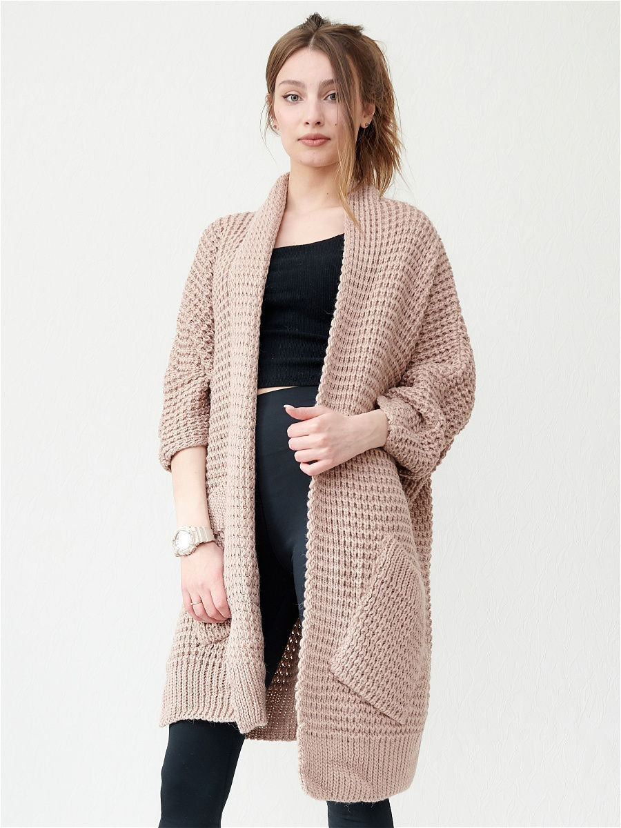 WW | Cardigan Oversized Fit Open Front Ribbed Edges Welt Pockets