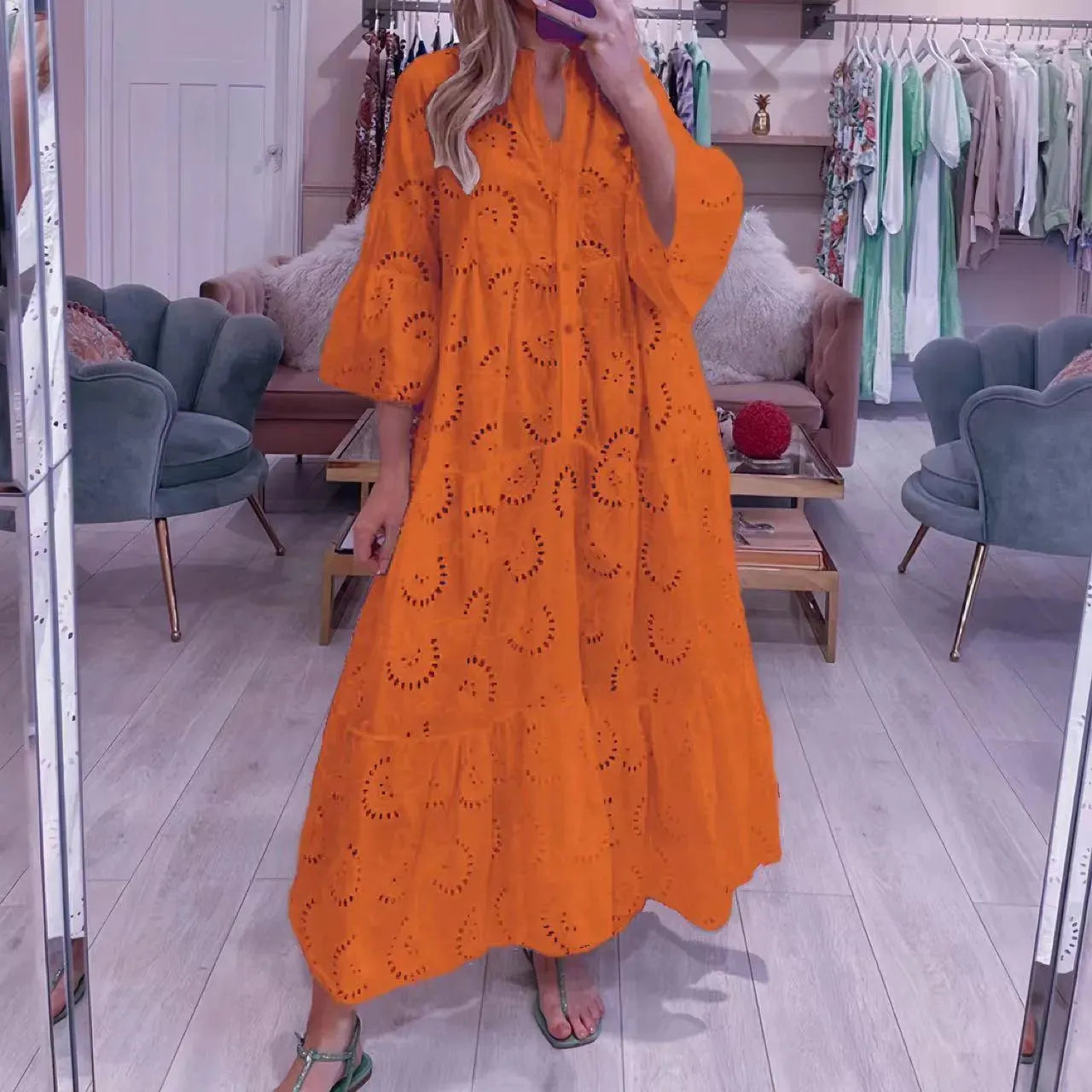 WW | Frauenlanges V-Ausschnitt Kleid im französischen Stil
