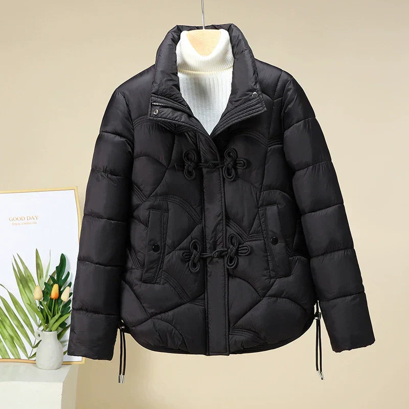 WW | Women's Puffer Jacket – Quilted Geometric Design – Frog Fasteners – Adjustable Hem