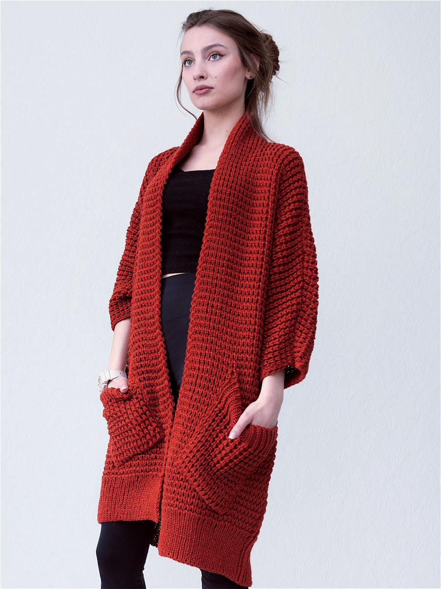 WW | Cardigan Oversized Fit Open Front Ribbed Edges Welt Pockets