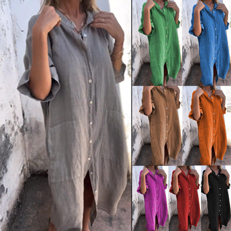 WW | Loose Casual Cotton-Linen Shirt Dress with Half Sleeves