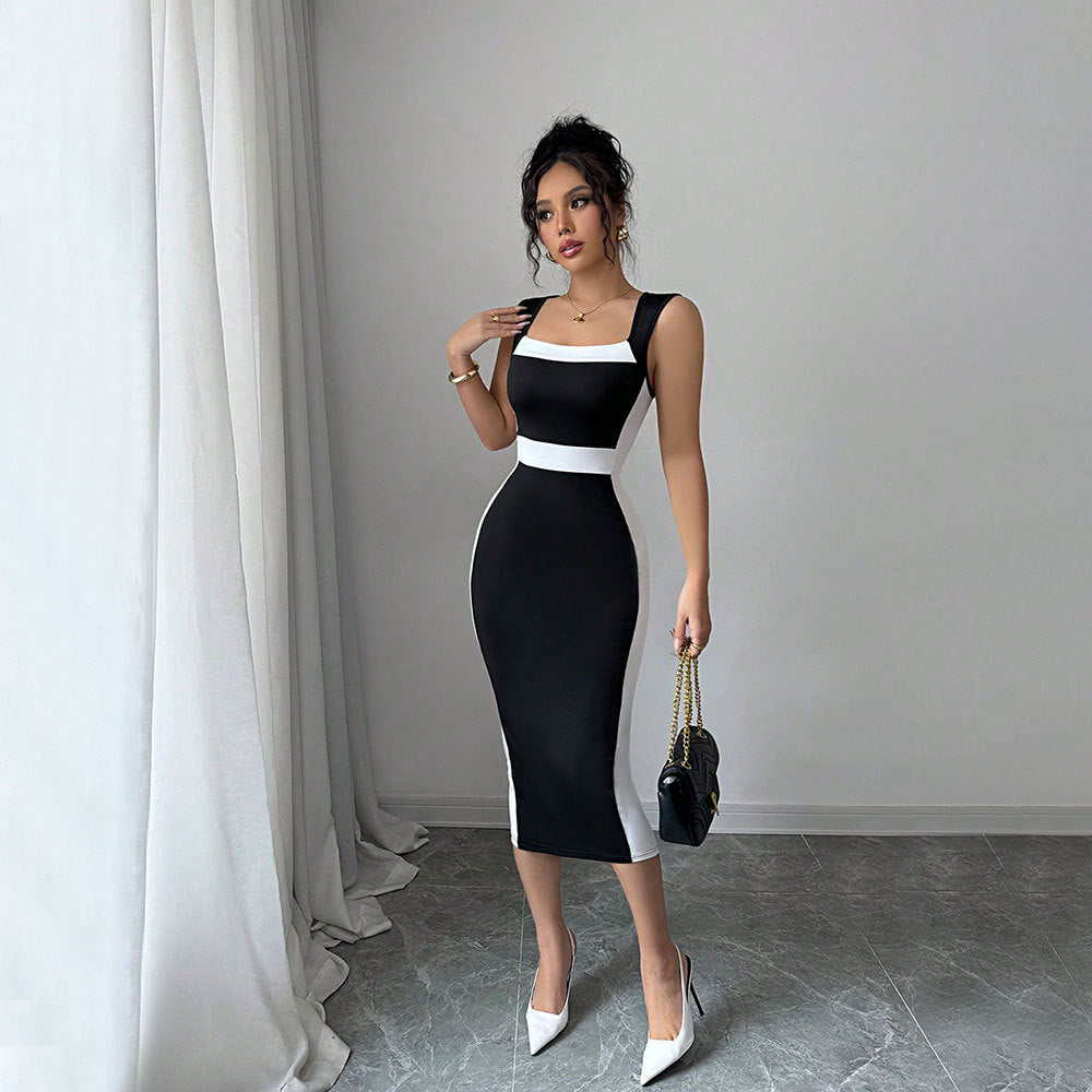Damen figurbetontes Midi-Kleid mit elegantem Farbkontrast und schickem Ausschnitt W&W