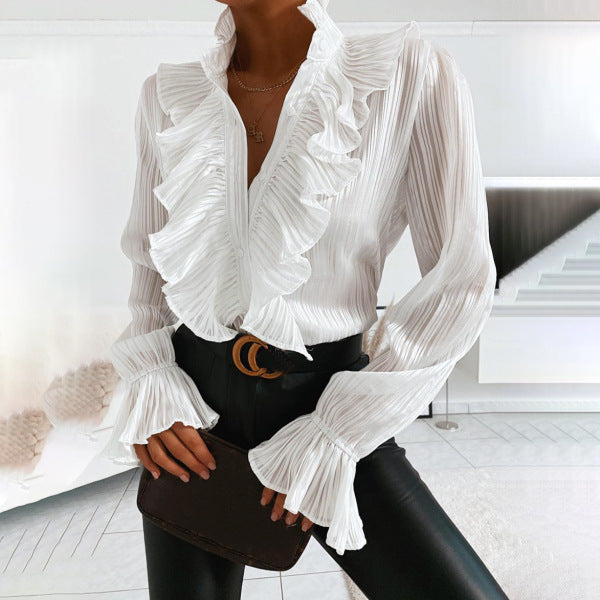 WW | Women's Long Sleeve Ruffle Denim Blouse