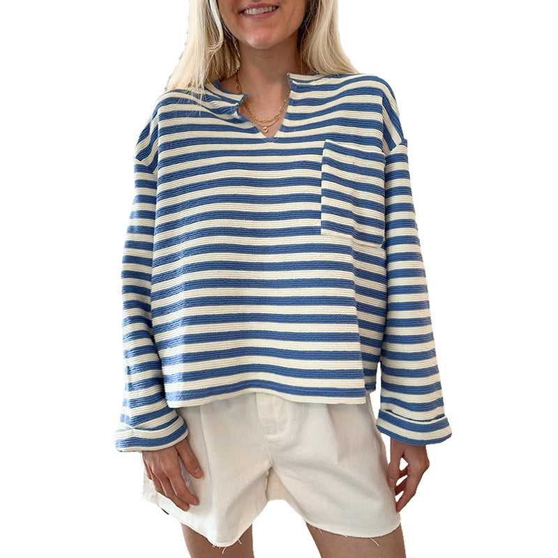 Damen gestreiftes Sweatshirt mit V-Ausschnitt und Brusttasche WW