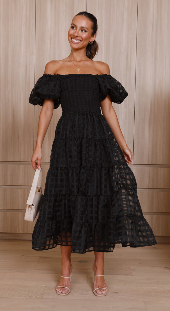 WW | Damenkleid mit Einem Hals Lanternenärmel Lagennähte Kleid