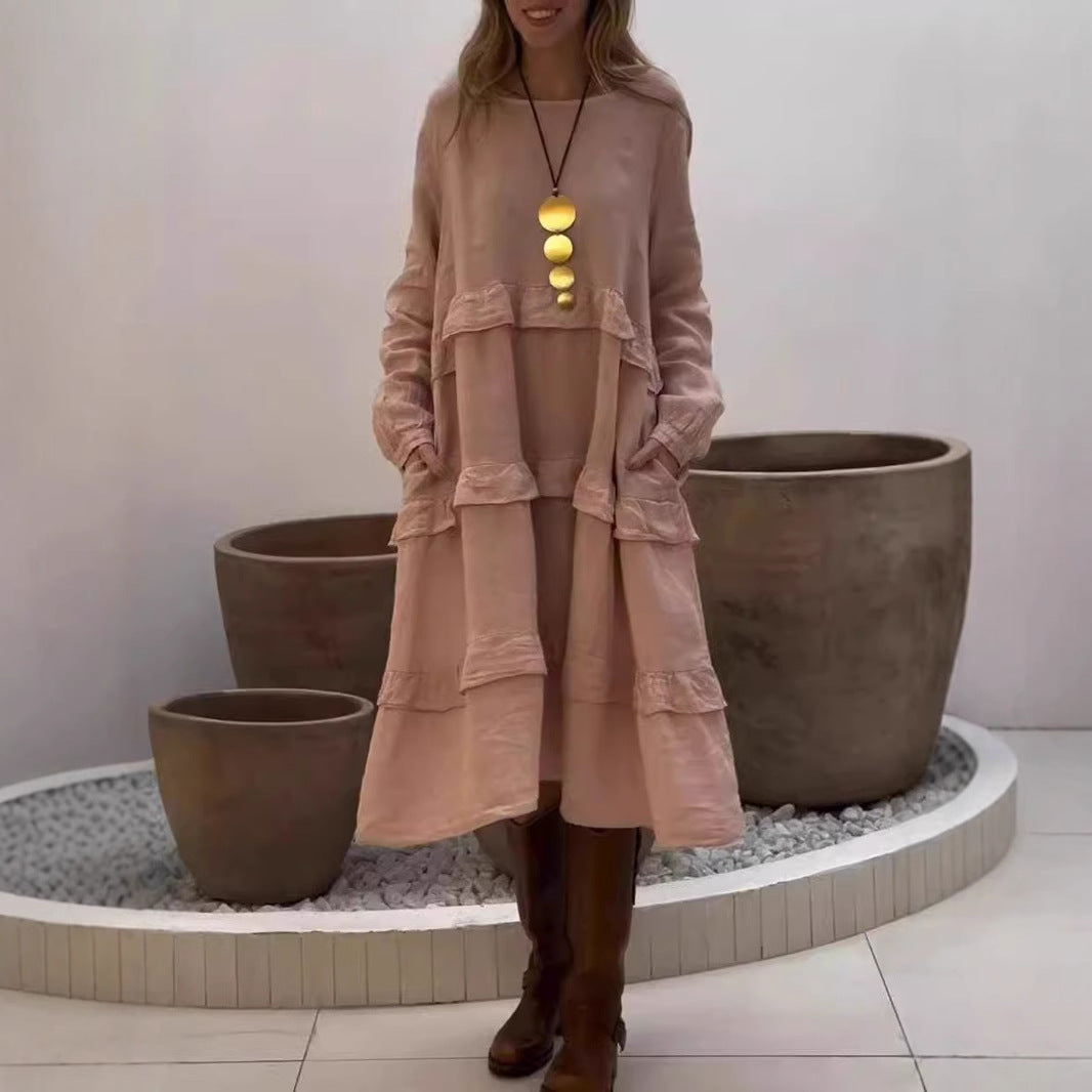 WW | Ruffled Round Neck Long Sleeve Dress
