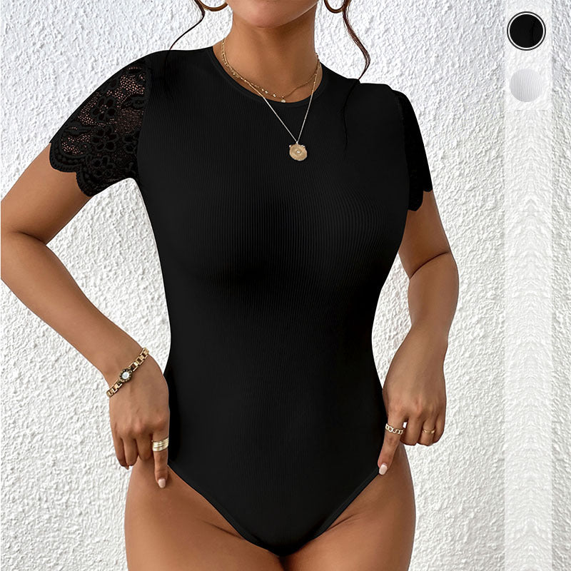 Damen Spitzen-Bodysuit mit kurzen Ärmeln und elegantem Rippdesign WW