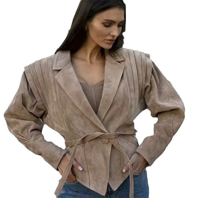 Women's Transitional Jacket made of soft suede with a waist-cinching belt and voluminous sleeves WW