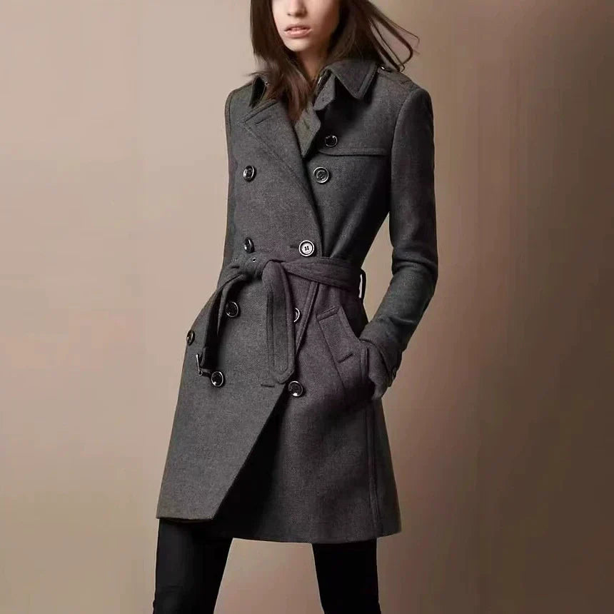 WW | Women's Coat – Slim Fit Wool Blend – Double-breasted – Belted Waist – Mid-thigh Length