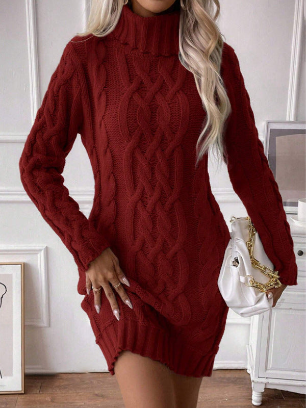 WW | Knitted dress Figure-hugging fit Cable knit High neck Long sleeves