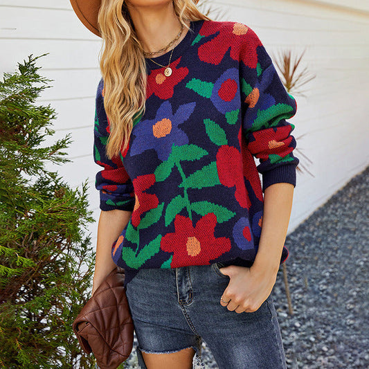 WW | Blumenstrickpullover mit Feinem Muster