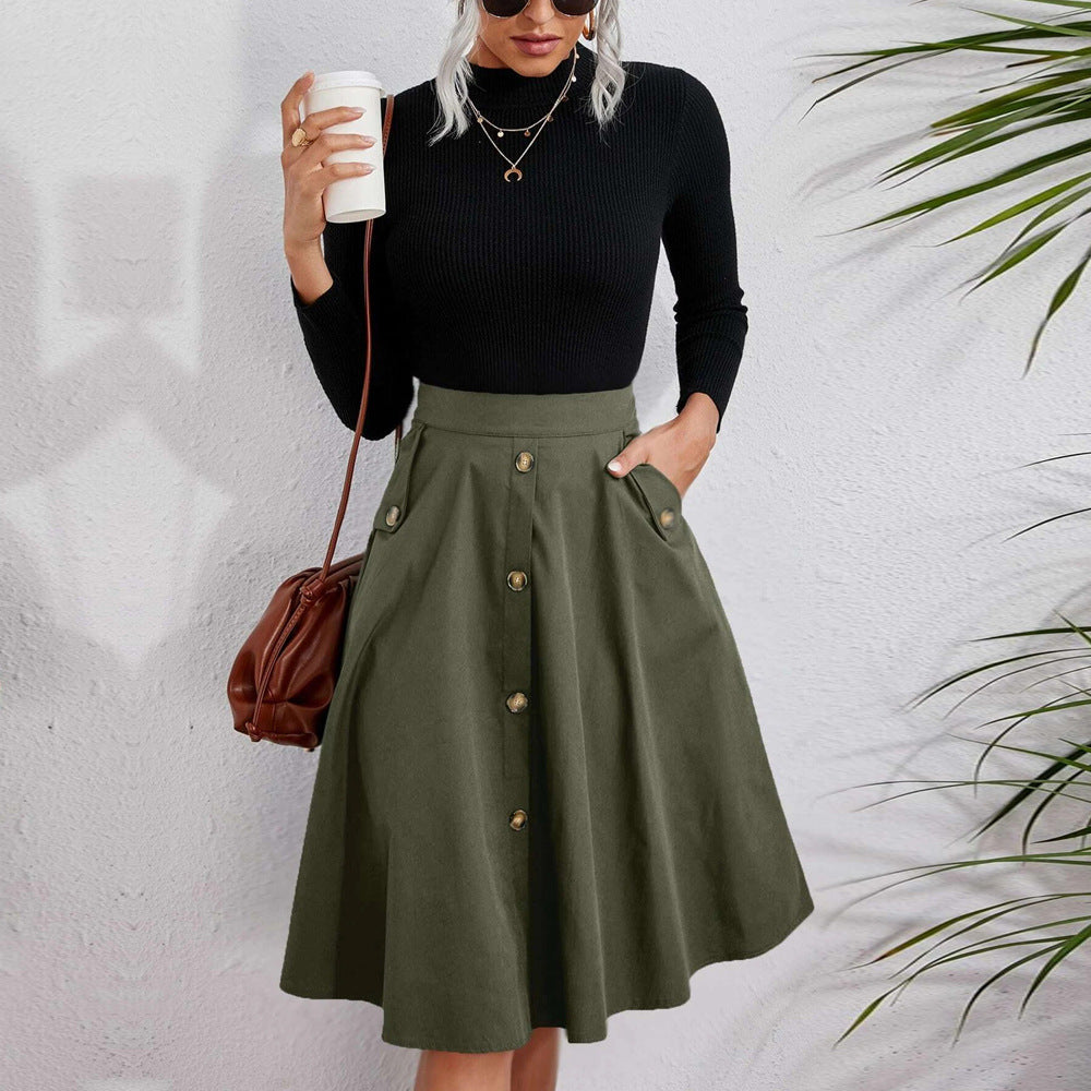 WW | Button Hem Defining Elegant Umbrella Midi Skirt