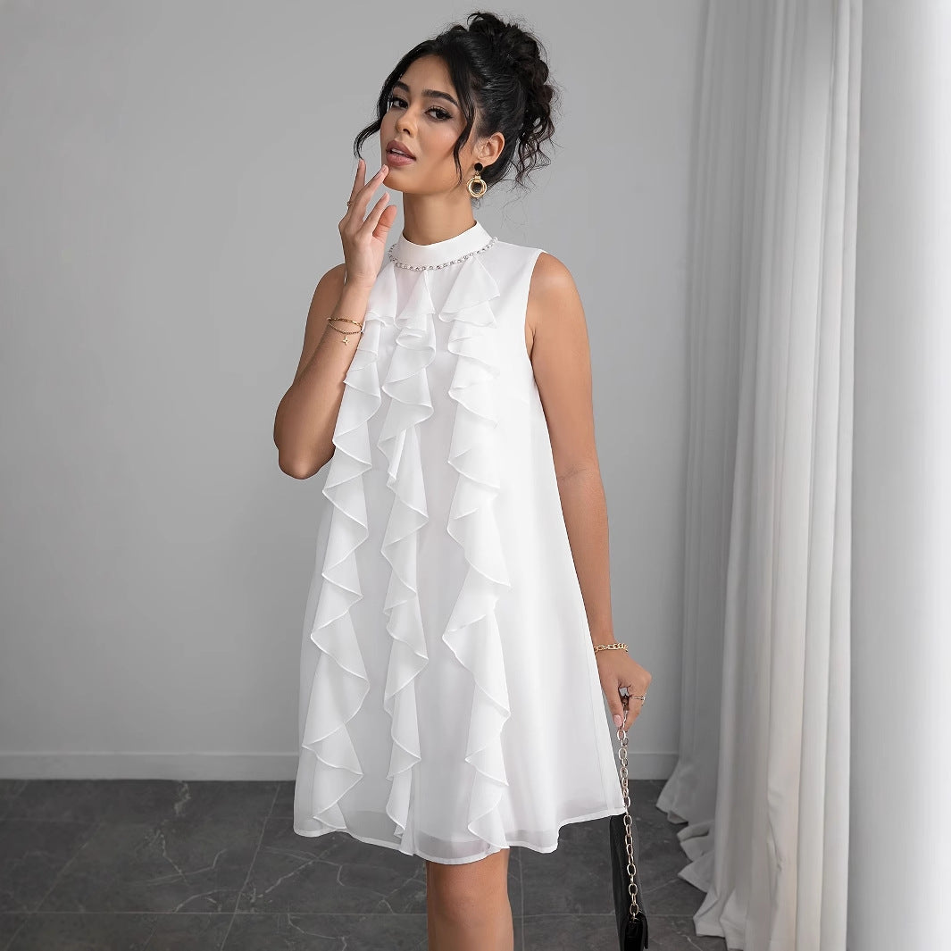 Damen Chiffon Kleid mit voluminösen Rüschendetails und elegantem Stehkragen W&W