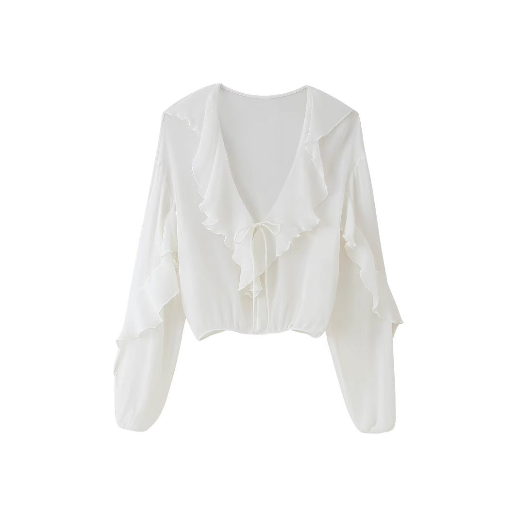 Women's Blouse with Romantic Ruffles and Deep V-Neck WW